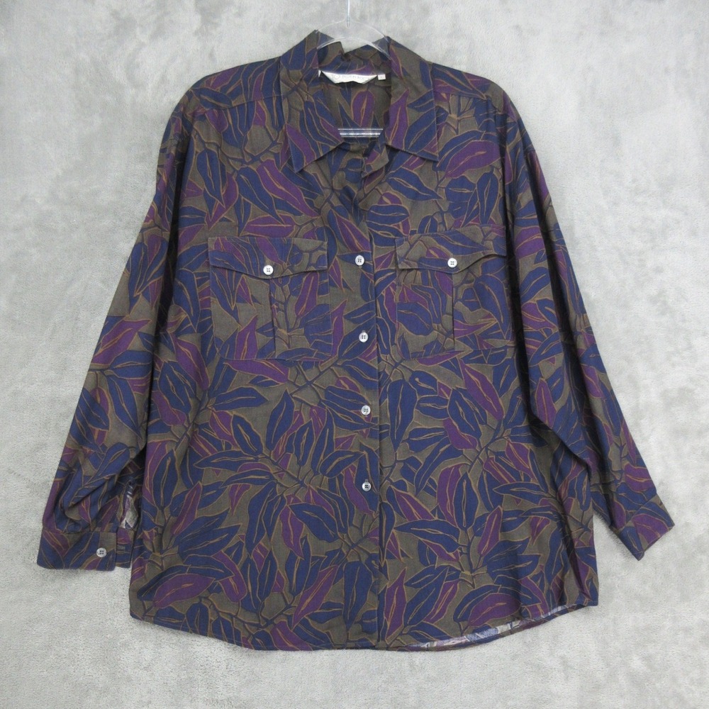 Toto n ko Shirt Womens Size L Leaf Botanical Pockets Button Front Office Relaxed